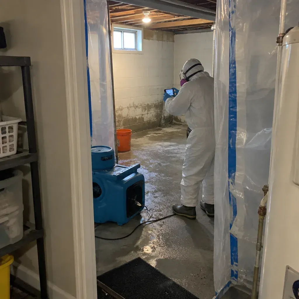 A sewer backup and cleanup in Maple Grove being checked over